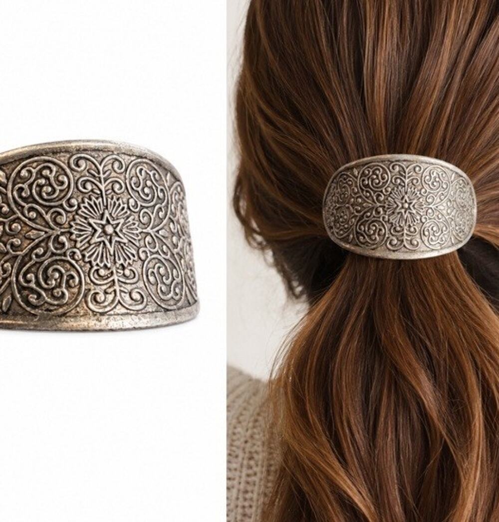 Vtg Silver Tone Ponytail Clip Hair Cuff Ornate Filigree Etched Boho Victorian